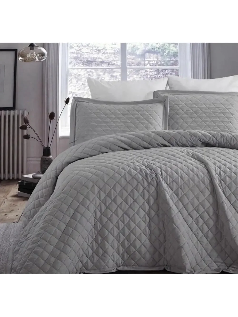 (RA) Papier & Chaud 3pc Quilt Set Queen Size Gray Diamond Quilted Comforter Sham